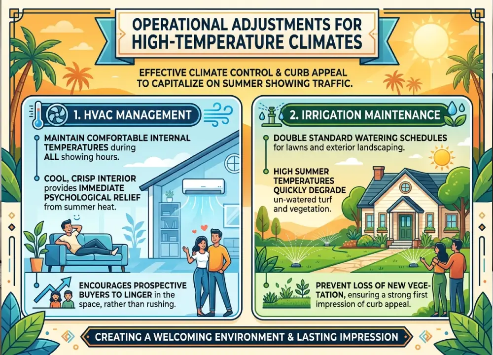 Guide to Selling your Fix-and-Flip in the Summer 3 Infographic outlining operational adjustments for summer home showings, highlighting HVAC management for cool interiors and irrigation maintenance to preserve lawn curb appeal.