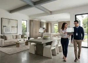 Guide to Selling your Fix-and-Flip in the Summer 2 Two real estate professionals using an augmented reality tablet to analyze property valuation metrics, ARV justification, and forced equity features inside a modern open-plan home.