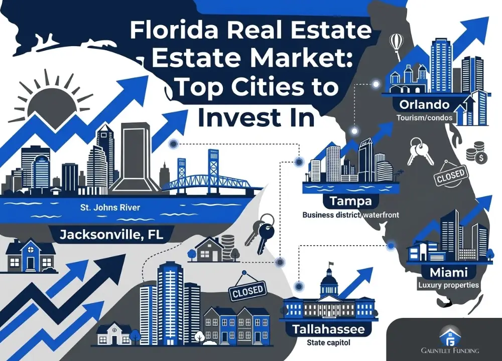 An informational graphic titled "Florida Real Estate Market: Top Cities to Invest In," featuring a rising market trend arrow connecting a blue-toned city skyline with a suburban single-family home and a modern apartment building.