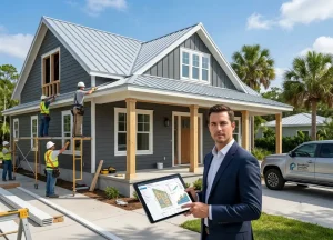 Florida Real Estate Market: Top Cities to Invest In 2 A construction site supervisor shows a digital tablet with a color-coded project report and bar charts to a female client standing in front of a newly renovated, light-gray stucco two-story house with scaffolding and a Gauntlet Funding truck parked nearby.