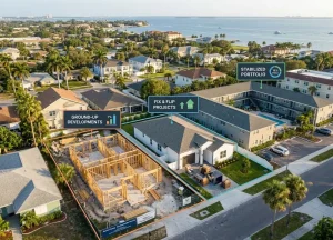 Florida Real Estate Market: Top Cities to Invest In 3 An aerial drone view of a coastal neighborhood showing three distinct stages of real estate investment side-by-side: a ground-up development under construction with exposed wood framing, a newly completed and modern single-family fix-and-flip home, and an established multi-unit apartment complex representing a stabilized portfolio. Graphic overlays highlight each property type with corresponding performance metrics.