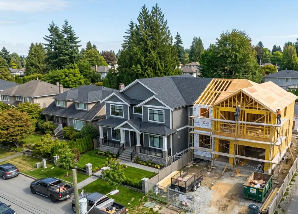 A crisp, professional architectural wide shot or high-end aerial drone image of a mid-renovation residential property (e.g., exposed framing visible on one side, finished siding on the other) or a newly finished commercial asset. A small, elegant, non-intrusive text overlay detailing a realistic sample stat (e.g., "Deal Funded: $1.2M | Closed in 5 Days").