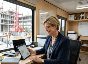 What Hard Money Lenders Consider with Loans 2 a real estate investor analyzing a financial dashboard on a laptop inside a modern job-site trailer, with a clean, active construction project blurred in the background.