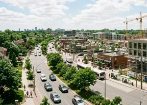 What Hard Money Lenders Consider with Loans 3 wide-angle shot of a thriving metropolitan or suburban neighborhood showing active, clean light-construction or commercial development in the background under a bright sky.