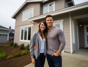 a happy couple in front of a recent investment property 