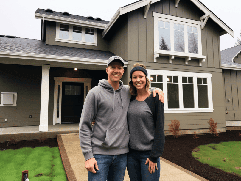 happy couple in front of their fix and flip project house