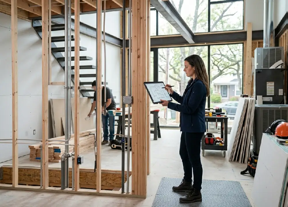 A real estate investor reviews technical blueprints on a digital tablet inside a multi-family property undergoing a major value-add renovation with exposed wood framing.