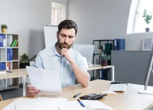 New York Hard Money Lenders vs. Traditional Bank Loans: Pros and Cons 3 man sitting at a desk, deep in thought