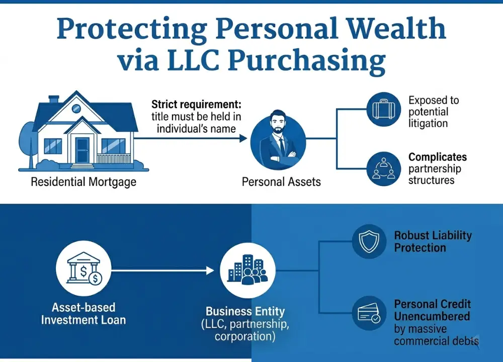 DSCR Loans vs. Traditional Mortgages: Key Differences Every Investor Should Know 3 Infographic comparing the personal asset risks of traditional residential mortgages against the liability protections and unencumbered credit benefits of purchasing real estate via an LLC or business entity.