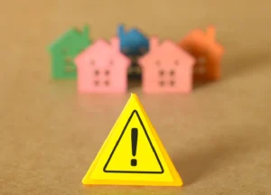 Fix and Flip Loan Requirements: What Lenders Really Look For 3 Warning sign with blurred toy houses, illustrating common mistakes to avoid in fix and flip and real estate investment projects