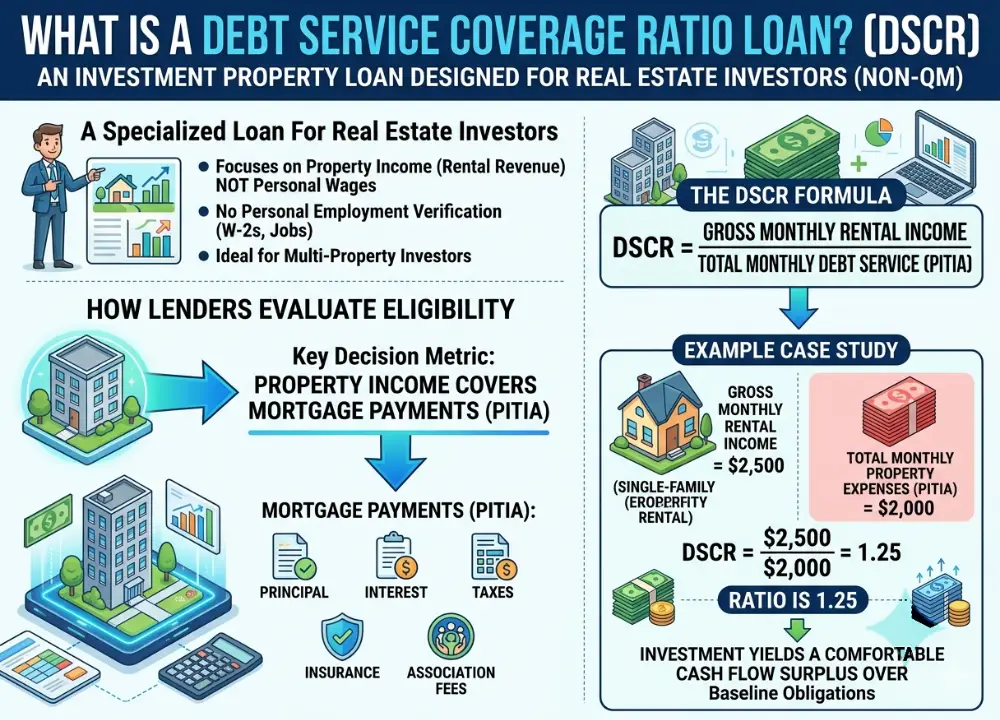DSCR Loans vs. Traditional Mortgages: Key Differences Every Investor Should Know 2 Infographic explaining Debt Service Coverage Ratio (DSCR) loans for real estate investors, showing the formula as gross monthly rental income divided by total monthly debt service (PITIA), with a case study yielding a 1.25 ratio.