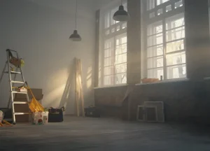 Empty room under renovation with tools, ladder, supplies, and construction materials in natural light.