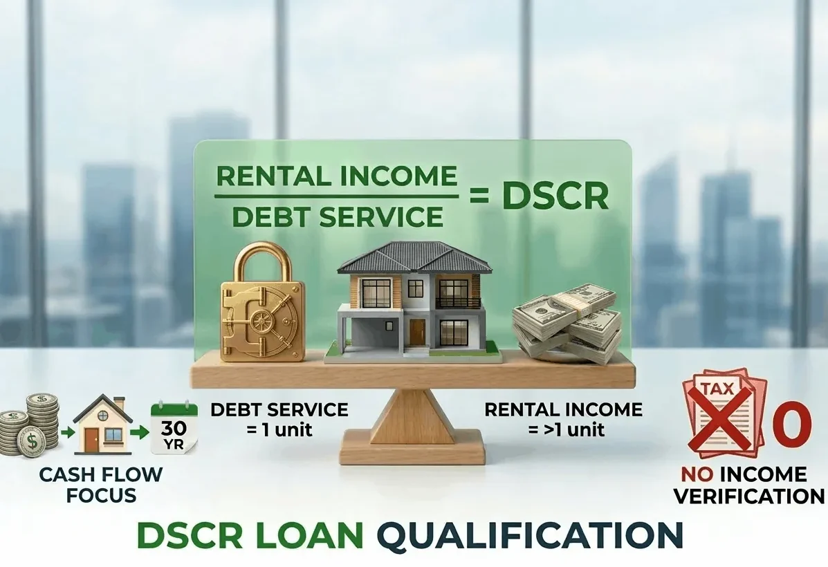 Financial infographic showing the DSCR formula with a rental property and a scale balancing debt service against rental income