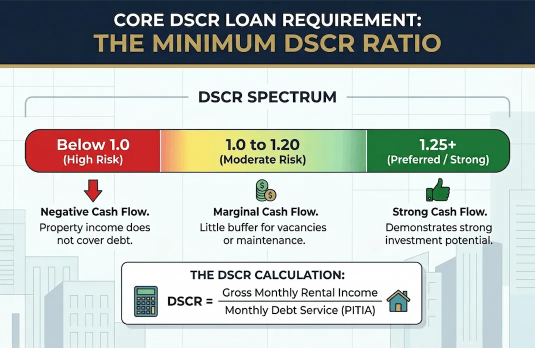 Infographic displaying the DSCR spectrum from high risk to strong cash flow for real estate loans.
