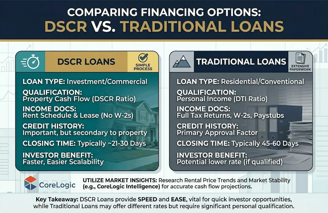 Comparison chart showing differences between DSCR loans and traditional bank financing for real estate