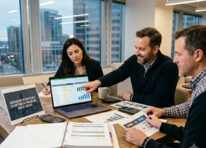 DSCR Loan Calculator: How to Estimate Your Approval Before You Apply 3 A real estate investment team reviewing an investment property analysis and DSCR calculations on a laptop inside a modern corporate boardroom.