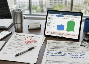 How Lenders Evaluate Rental Income for DSCR Loans 3 A workspace showing common DSCR loan mistakes, including an expired lease agreement, a missed HOA fee calculation on a HUD statement, and a tablet warning about pro forma rent expectations.