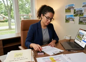 Minimum DSCR Requirements: What Lenders Accept in Today’s Market 3 A real estate investment underwriter reviewing a rental property loan application alongside a past due lease agreement and pro forma rent projections spreadsheet.