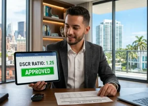A professional real estate investor in a modern office reviewing an approved 1.25 DSCR ratio on a tablet with views of New York and Florida rental properties.