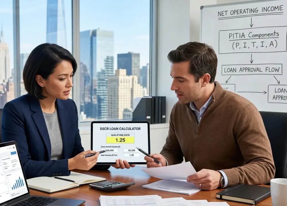A real estate investment expert and client looking at a DSCR loan calculator screen on a digital tablet in a high-rise office overlooking the city.