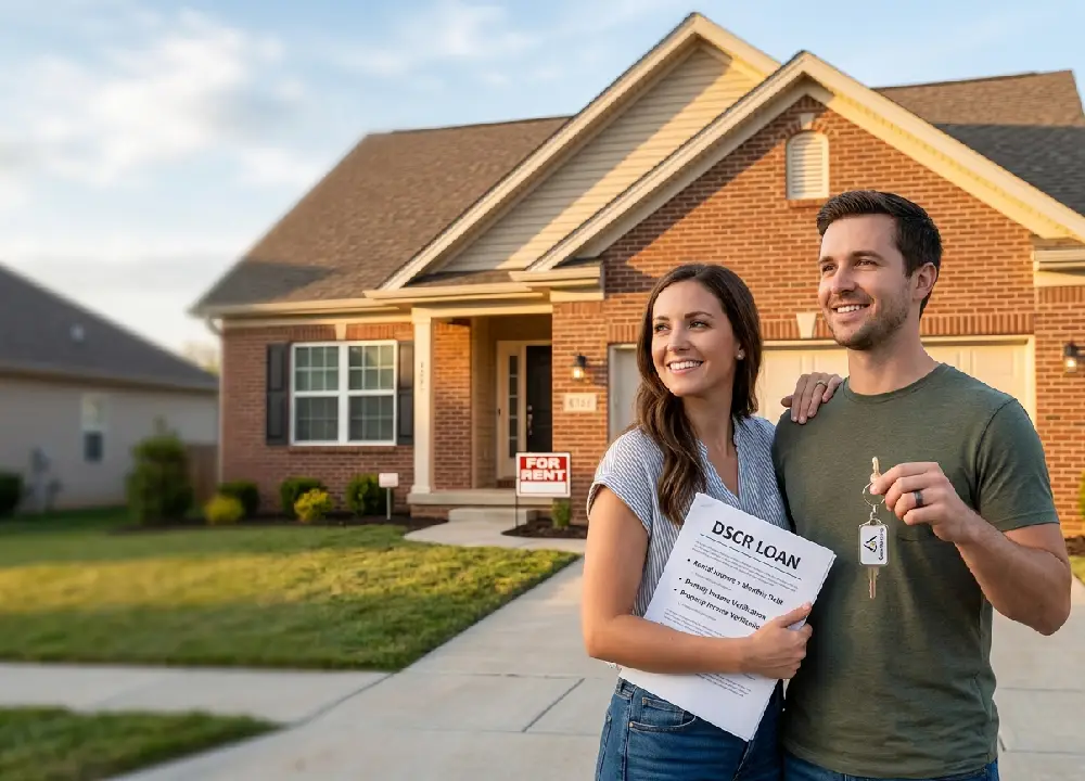 A young, happy couple standing in front of a modern suburban brick house that has a "FOR RENT" sign on the lawn. The woman holds a paper labeled "DSCR LOAN" and the man holds a house key.