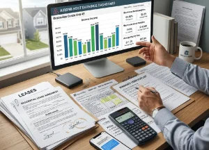 How Lenders Evaluate Rental Income for DSCR Loans 2 A hyperrealistic photo of an investor's desk illustrating DSCR loan verification, featuring a signed lease agreement, an Airbnb earnings dashboard, and a calculator displaying a positive DSCR ratio.