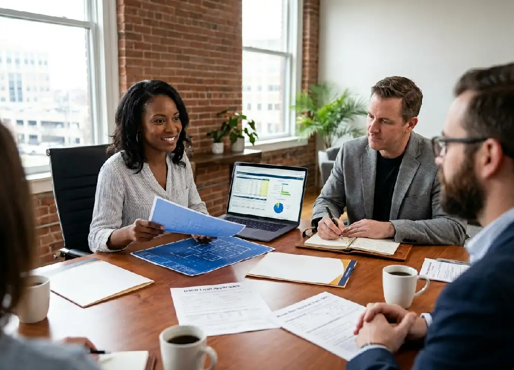 Diverse group of real estate investors reviewing property blueprints and DSCR loan paperwork during a meeting at a conference table in a rustic brick loft office.