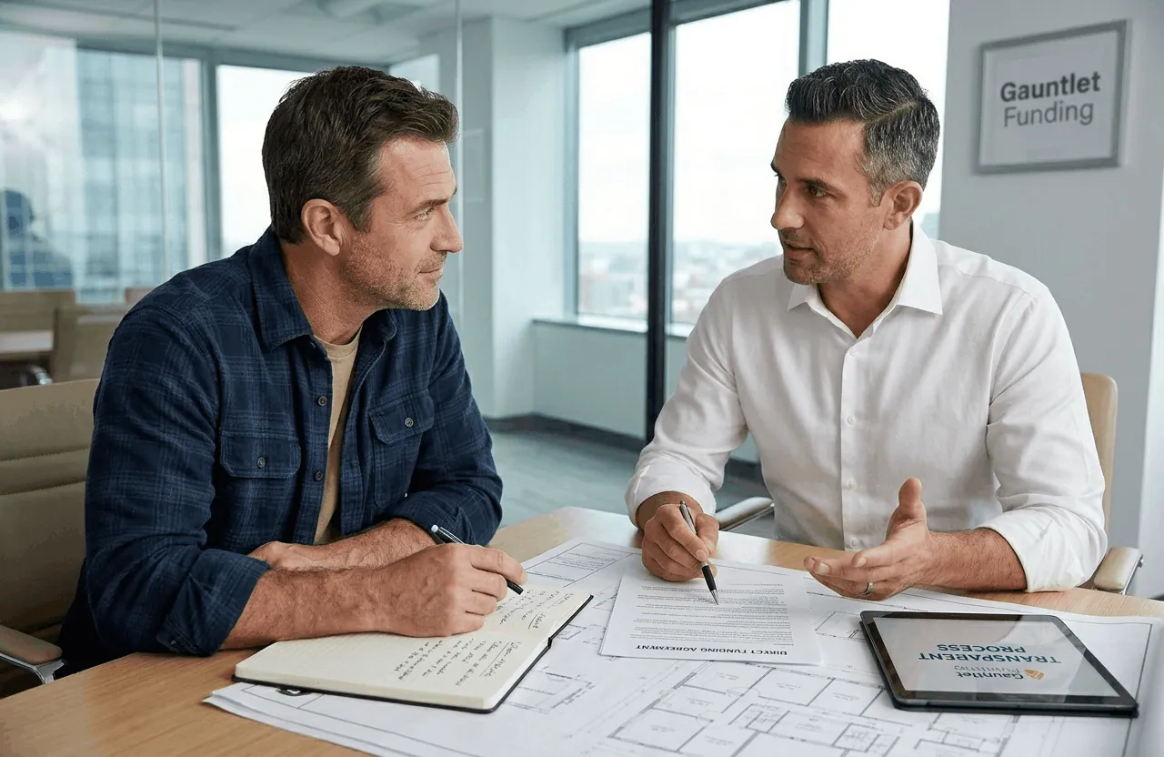 Direct hard money lender explaining loan terms and transparent funding process to a real estate client.