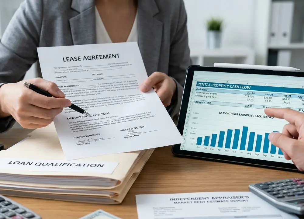 Minimum DSCR Requirements: What Lenders Accept in Today’s Market 2 Close-up on a desk comparing a residential lease agreement for monthly rental rate with a tablet displaying a 12-month short-term rental earnings track record for a loan qualification file.