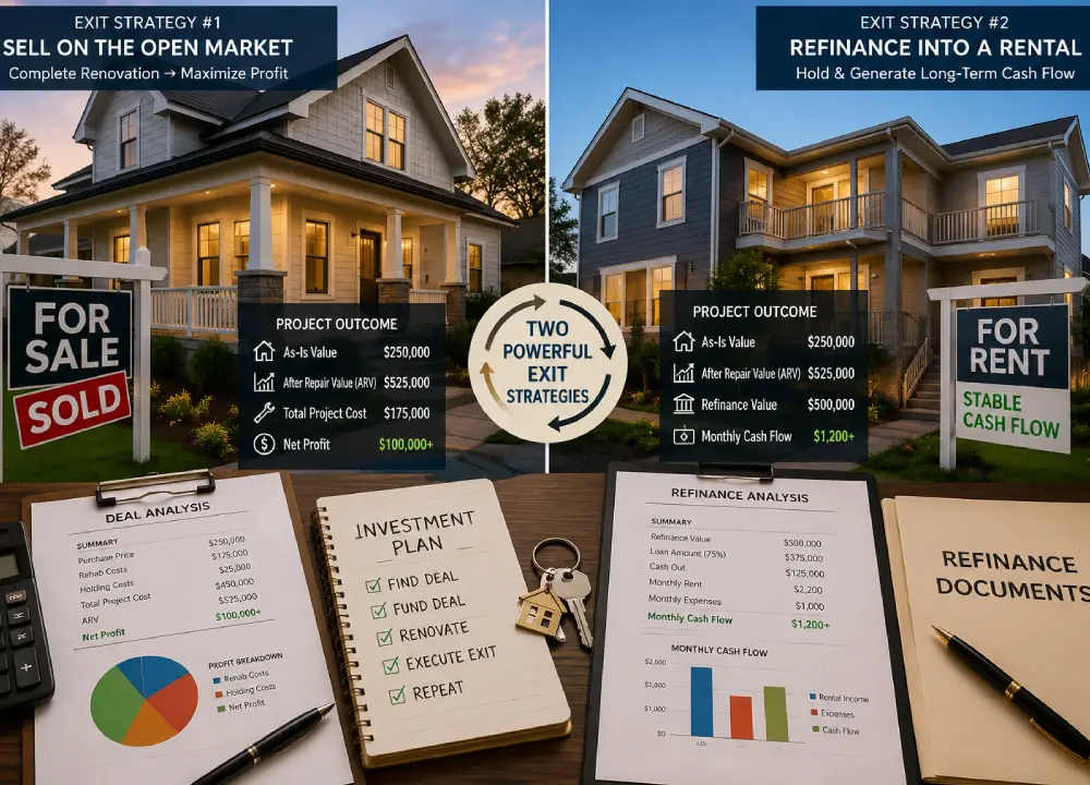 Do Hard Money Lenders Require Appraisals? What Investors Need to Know 3 Split-scene real estate investment infographic showing two exit strategies: selling a renovated home with a “Sold” sign for profit and holding a rental property generating monthly cash flow with financial charts and planning documents.