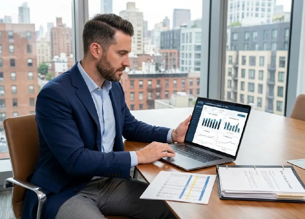 Real estate investor analyzing commercial property loan performance charts and spreadsheets on a laptop in a modern NYC high-rise office overlooking the city.